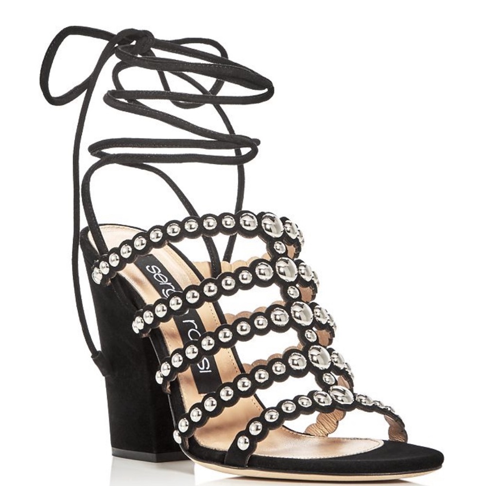 ELETTRA STUDDED ANKLE TIE BLOCK HEEL SANDALS IN BLACK/SILVER size 10(40)